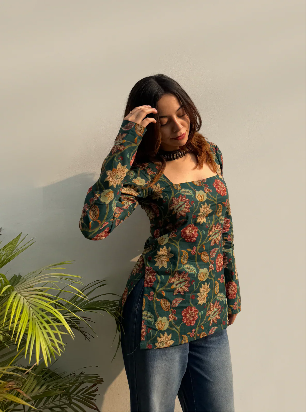 Women Green Flower Short Kurti