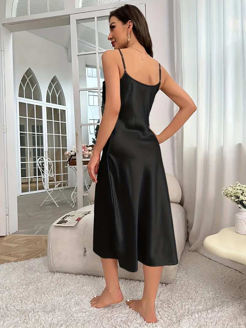 Satin silk V Neck Long Sleep Dress