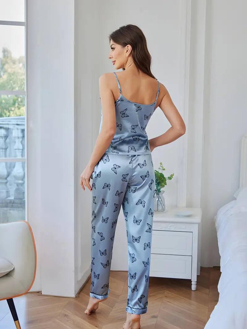 Butterfly Print Satin Pajama Set for women