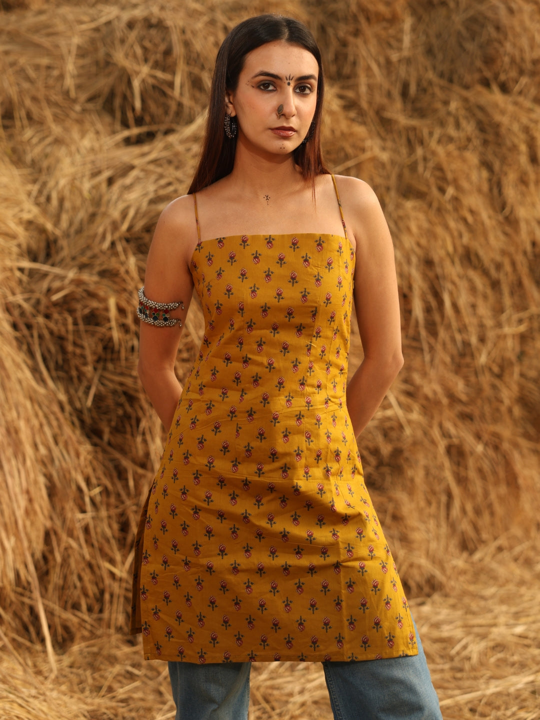 Mustard  Noodle Strap Corset Kurti NISHORAMA