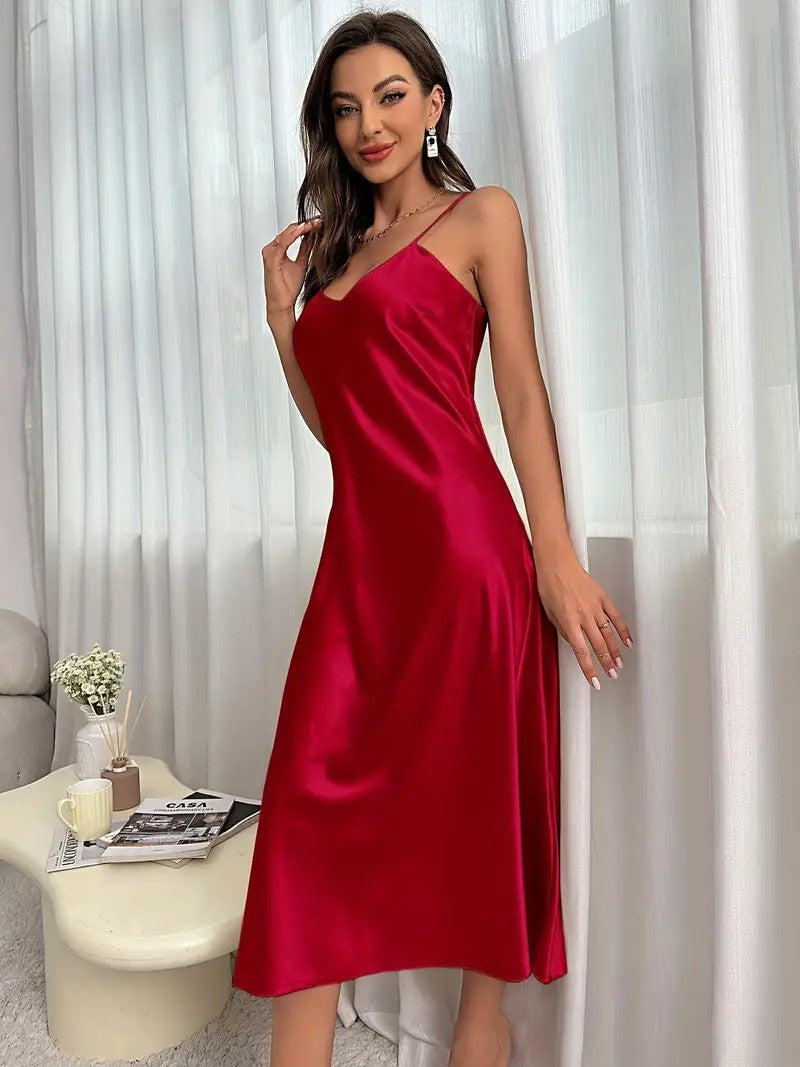 Satin silk V Neck Long Sleep Dress