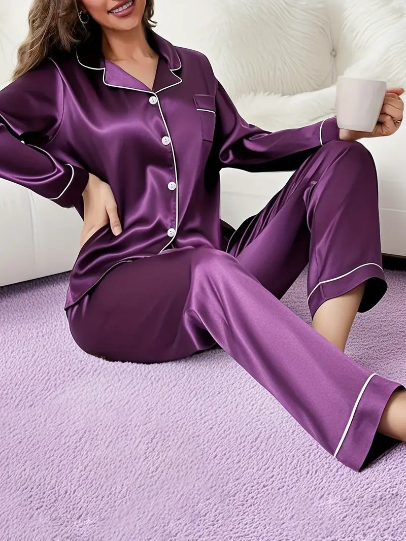 New Autumn Women's Pajama Set, Elegant Long-sleeved Shirt and Elastic Waist Pants