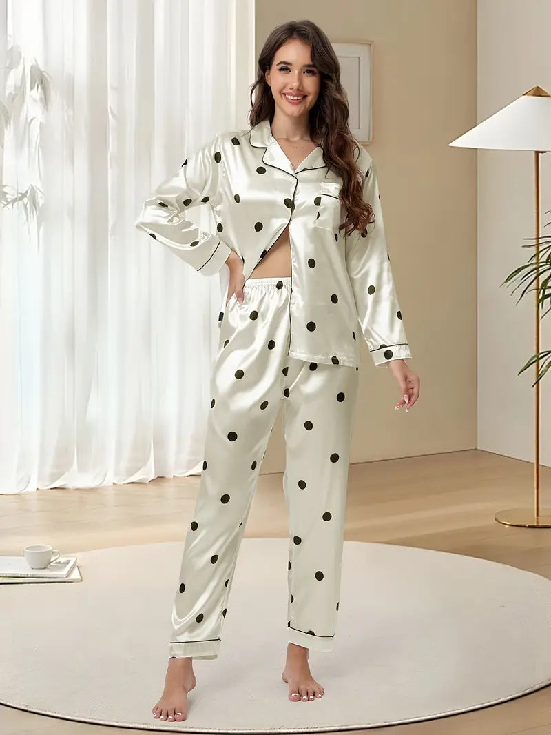 Delicate Dot Print Satin Lounge Set/sleep set Marquisa Store
