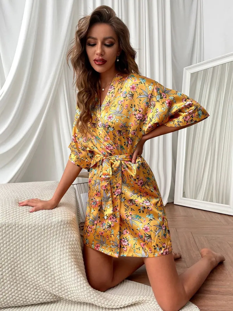 Satin Floral Print Short Sleeve Belted House Robes Marquisa