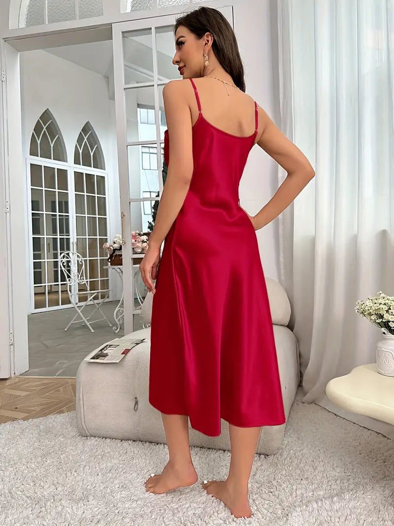 Satin silk V Neck Long Sleep Dress