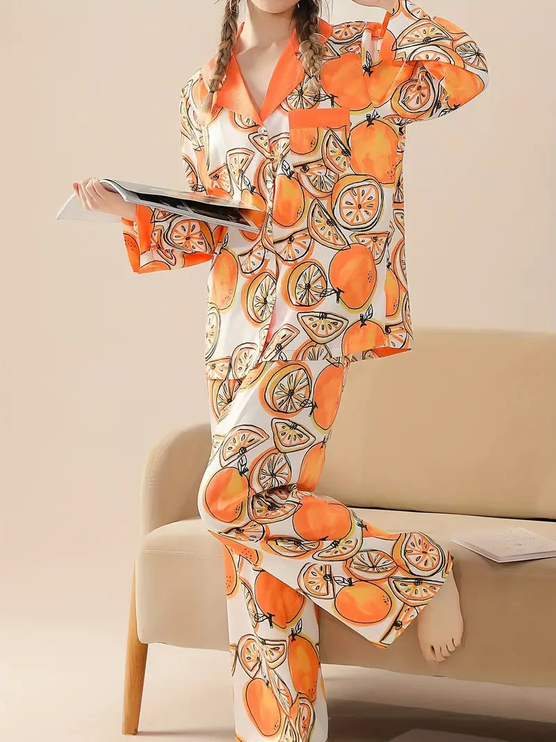 Orange Print Pajama Set, Long Sleeve Lapel Top & Pants Marquisa Store