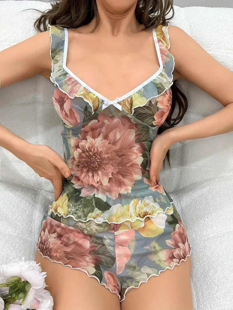 Mature Floral Print Mesh Ruffle Trim Pajama Set, sleep dress