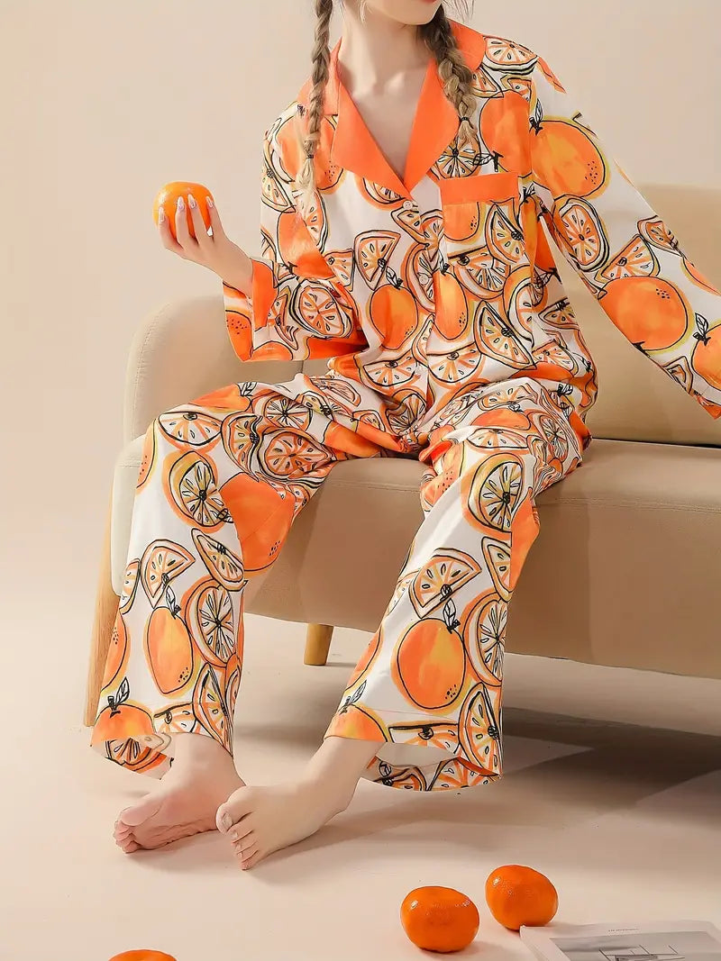 Orange Print Pajama Set, Long Sleeve Lapel Top & Pants Marquisa Store