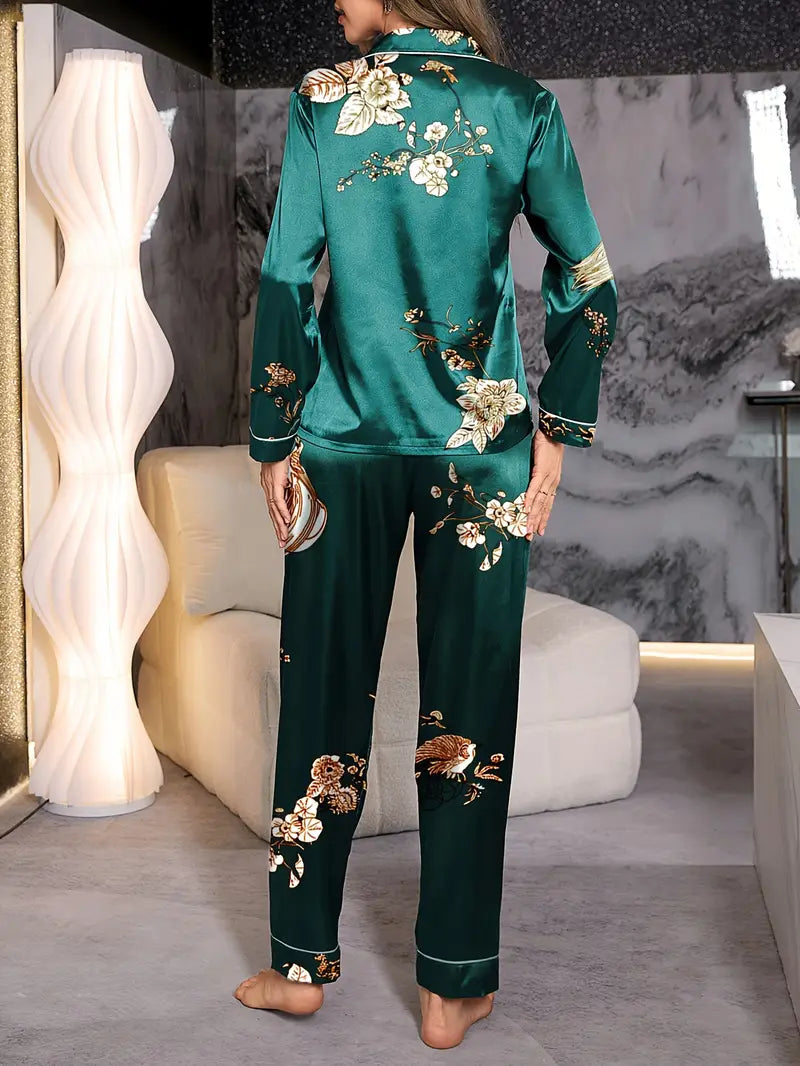 Women's Floral Print Long Sleeve Buttons Lapel Top & Pant