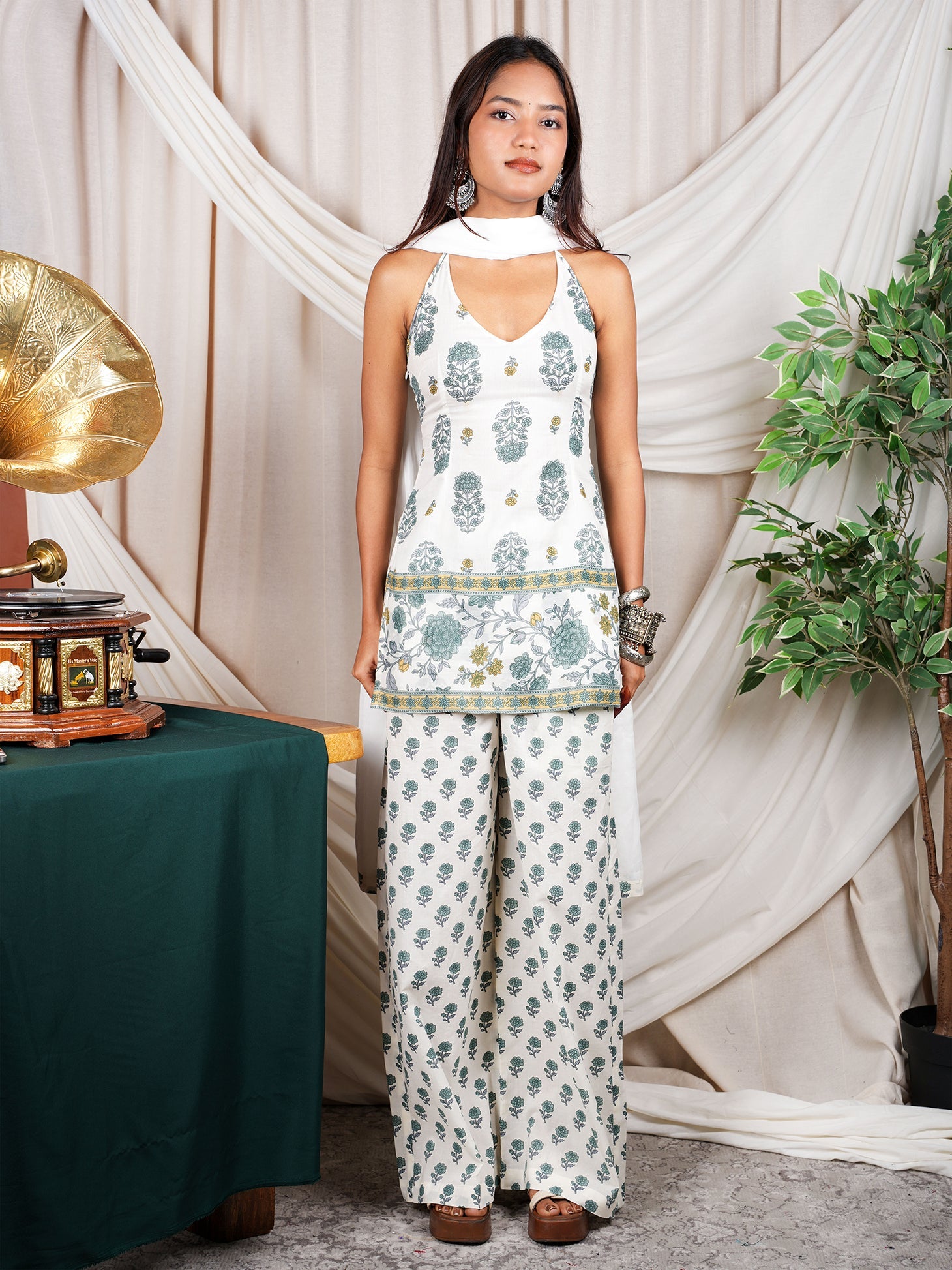 Ganga Halterneck Corset Kurti Pant dupatta Set NISHORAMA
