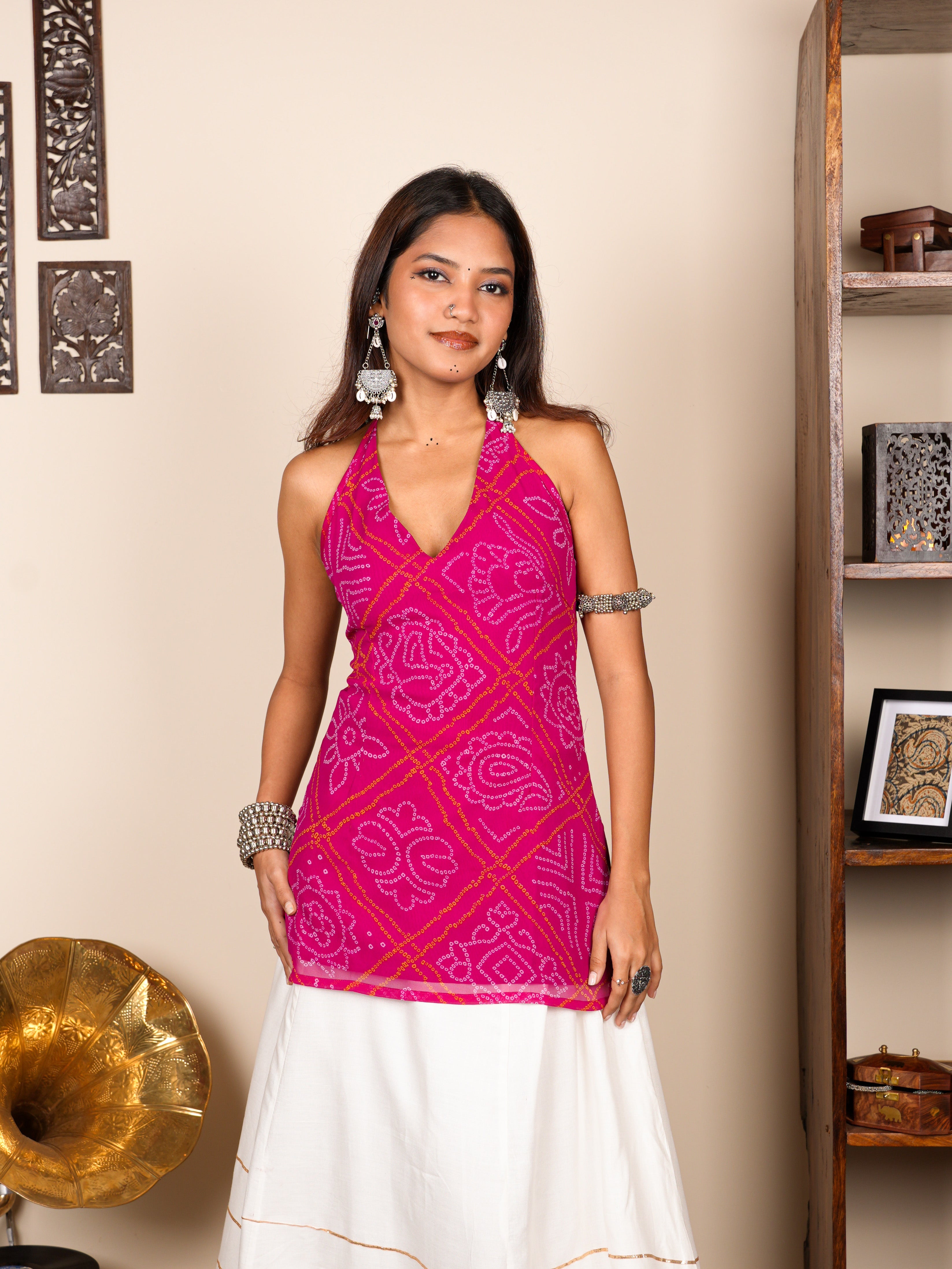Rang Bandhani Halter Neck Corset Kurti NISHORAMA