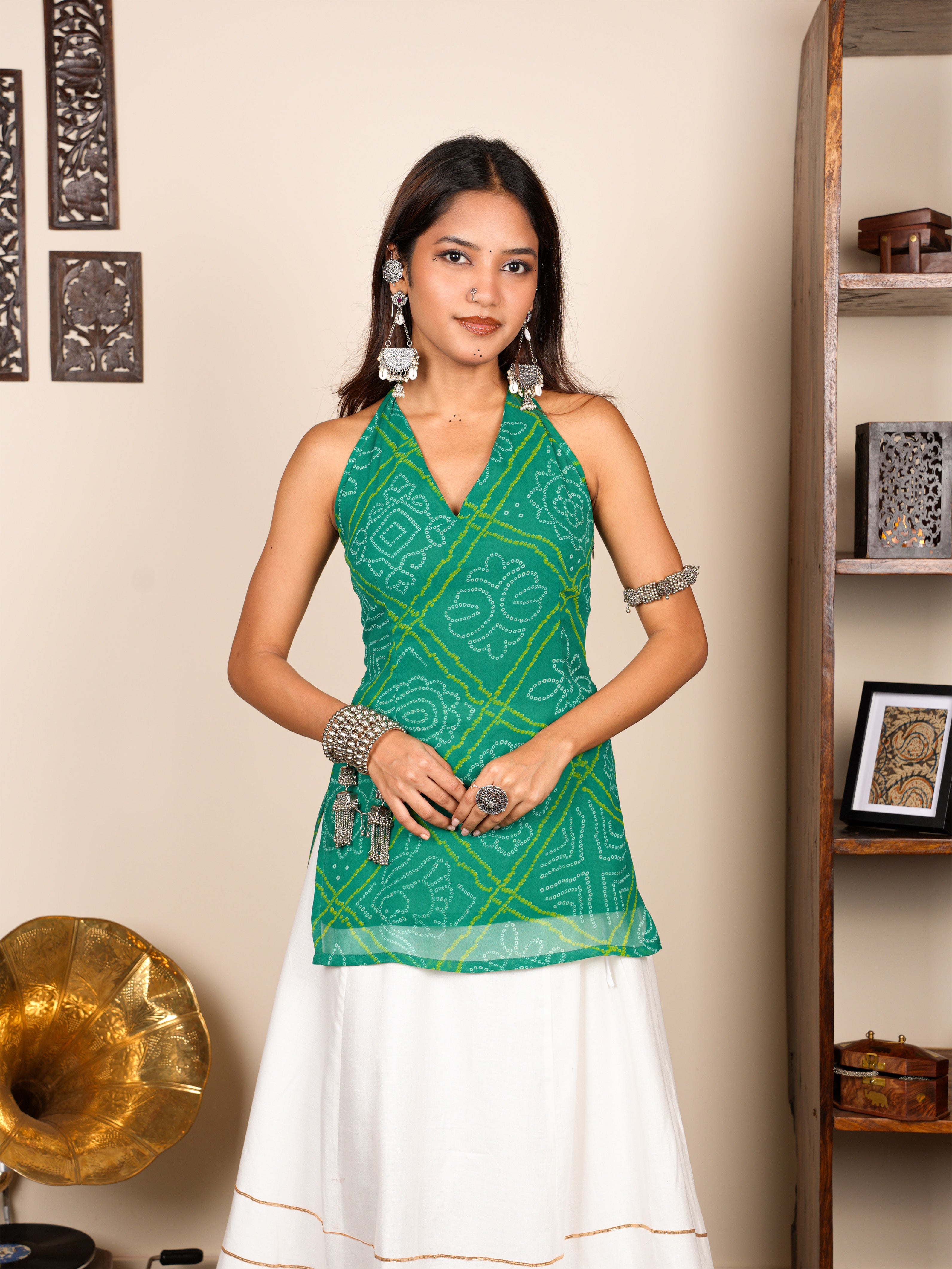 Leela Bandhani Halter Neck Corset Kurti NISHORAMA