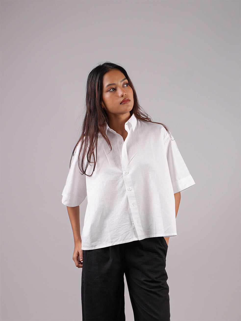 Oversized White Linen Crop Shirt NISHORAMA