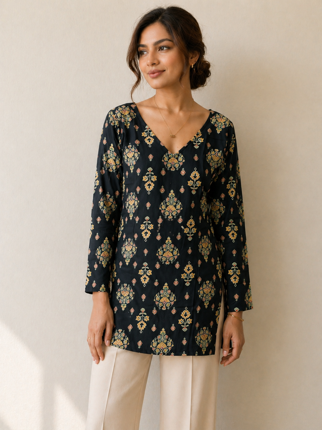 Long Sleeve Black Printed Kurti Tunic