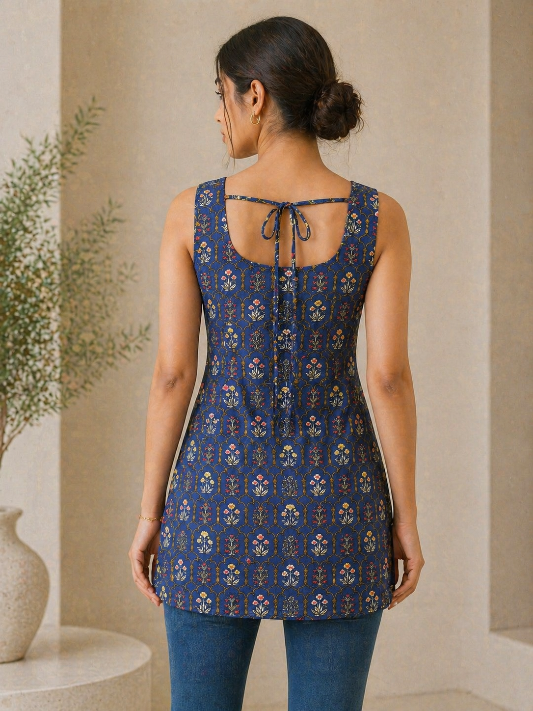 Cotton Floral Printed Sleeveless Tunic with Back Tie