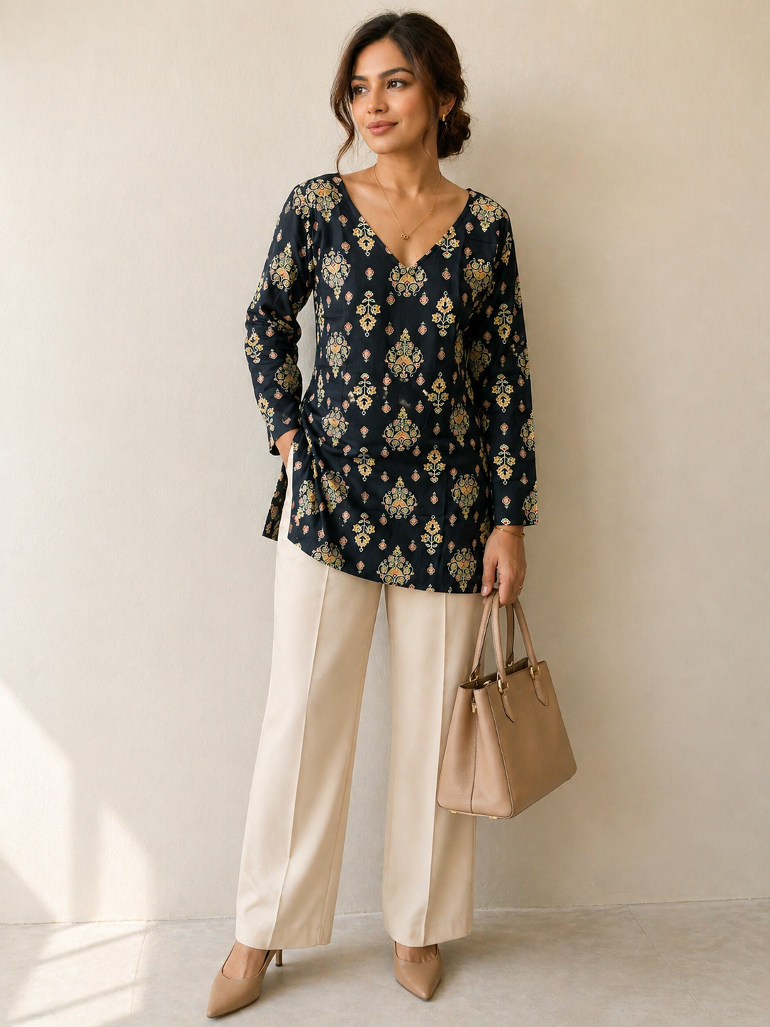 Long Sleeve Black Printed Kurti Tunic