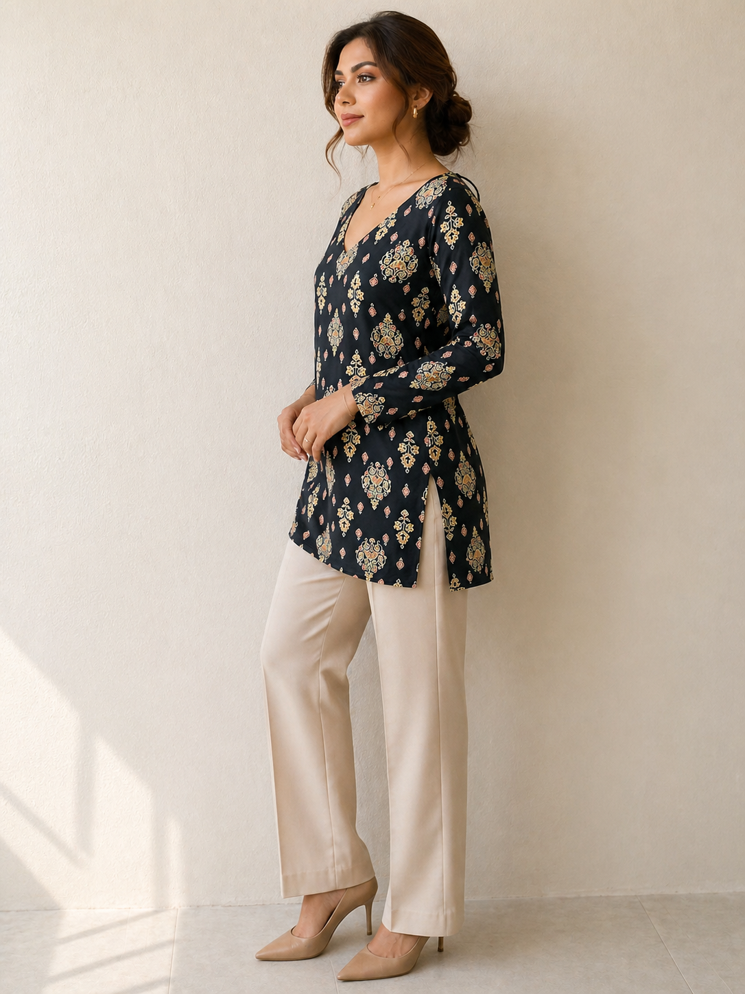 Long Sleeve Black Printed Kurti Tunic