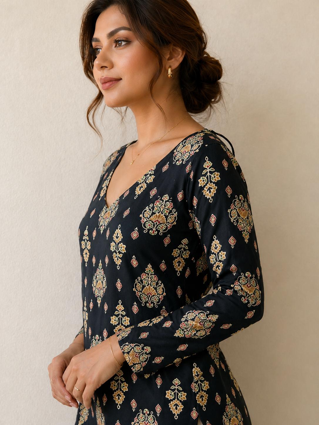 Long Sleeve Black Printed Kurti Tunic