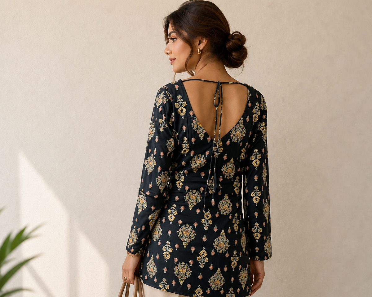 Long Sleeve Black Printed Kurti Tunic