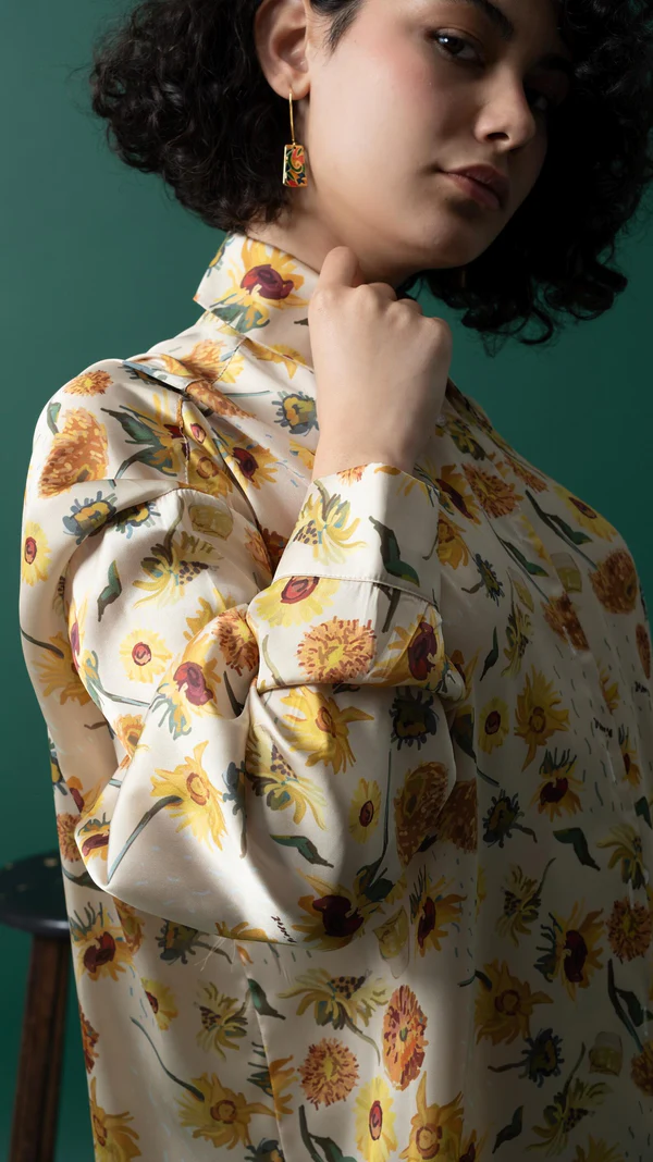 Golden Bloom Women Sunflower Satin Shirt