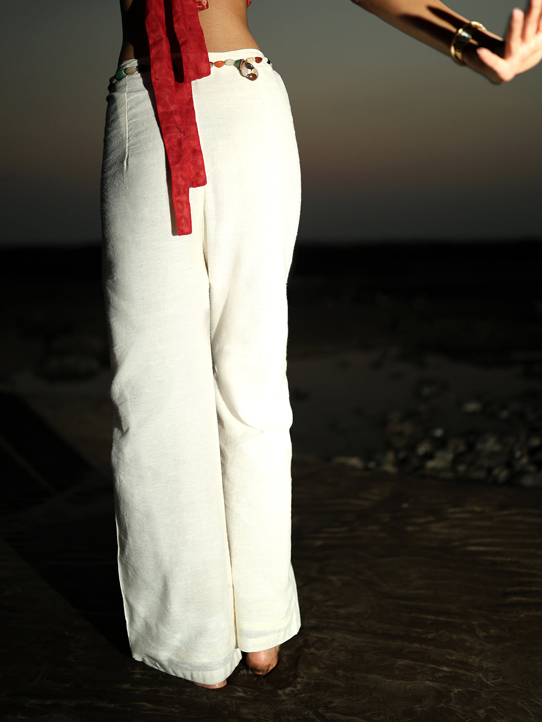 Off White Loose fitting linen pants ( BEADED BELT NOT INCLUDED ) NISHORAMA