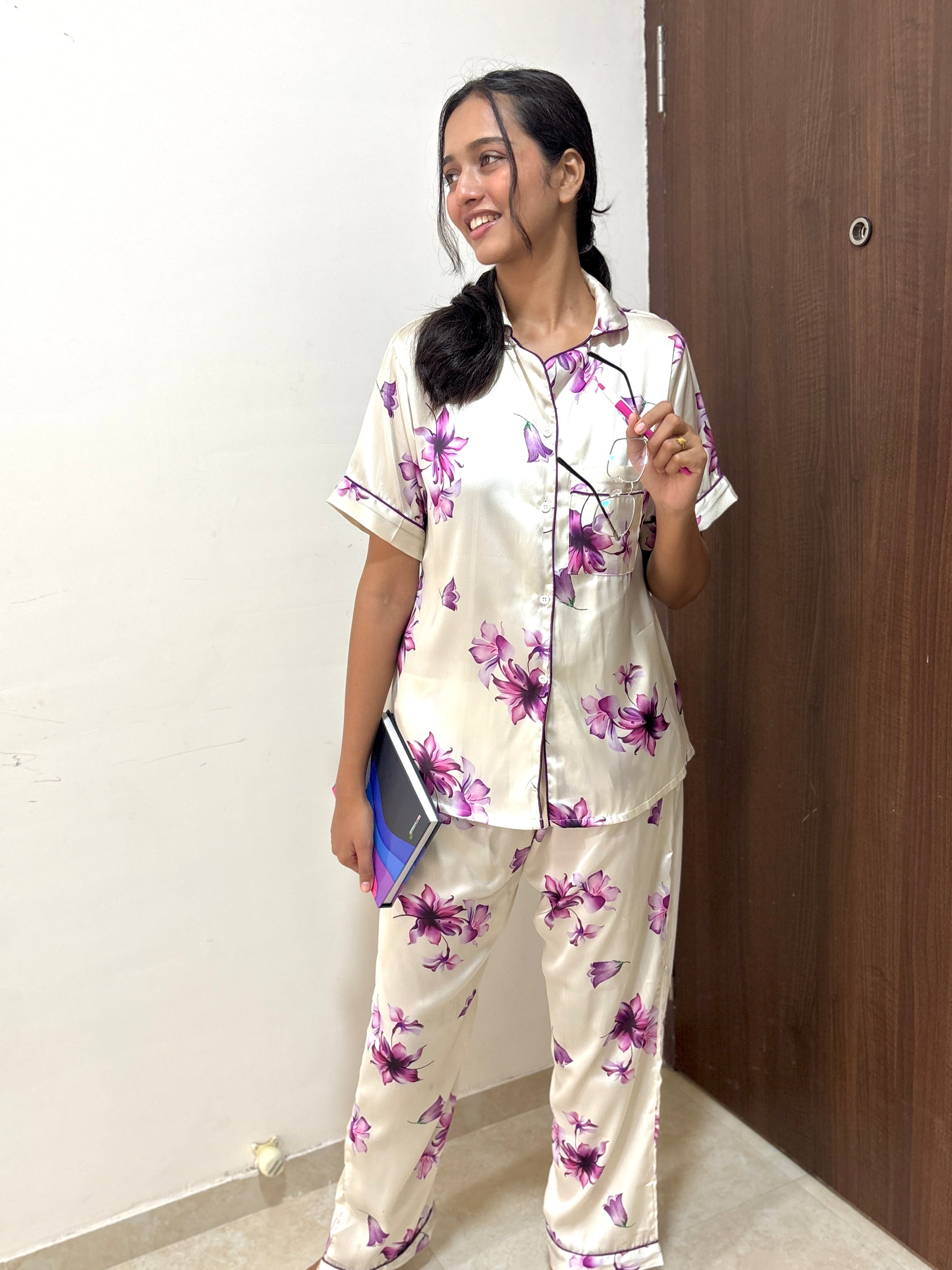 Women's Floral Print Satin Pajama Set