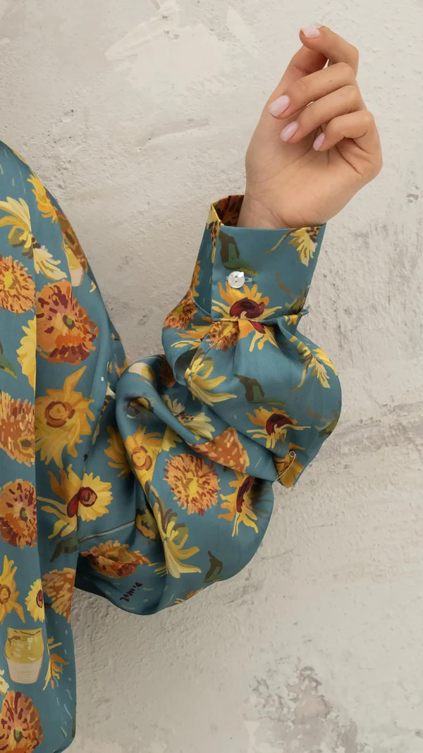 Golden Hue on Blue Sunflower Silk Touch Shirt