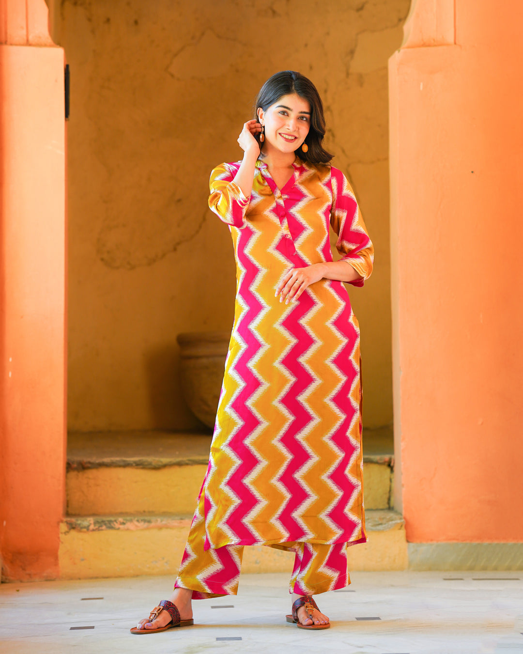 Mustard and White Zigzag Kurta Set (Muslin)