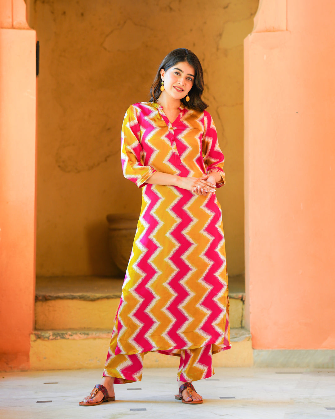 Mustard and White Zigzag Kurta Set (Muslin)