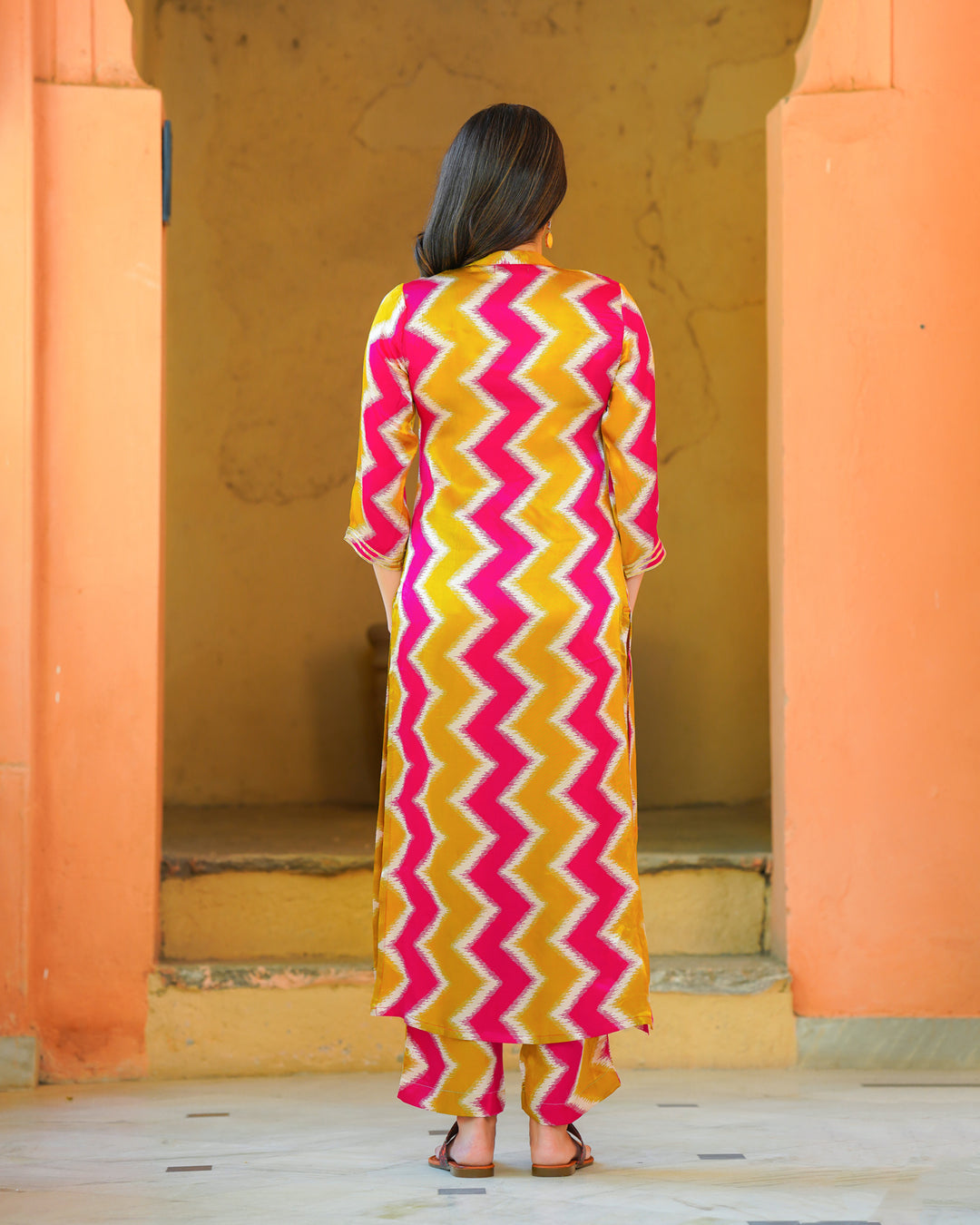 Mustard and White Zigzag Kurta Set (Muslin)