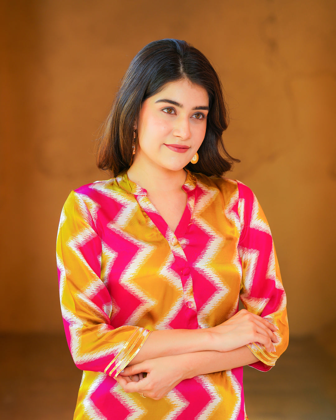 Mustard and White Zigzag Kurta Set (Muslin)