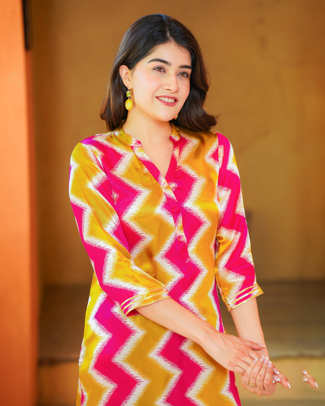 Mustard and White Zigzag Kurta Set (Muslin)