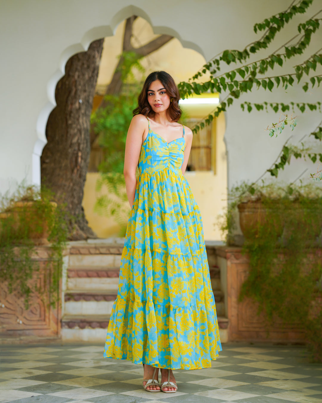 Teal Blue Foliage & Tiered Dress (Chiffon)