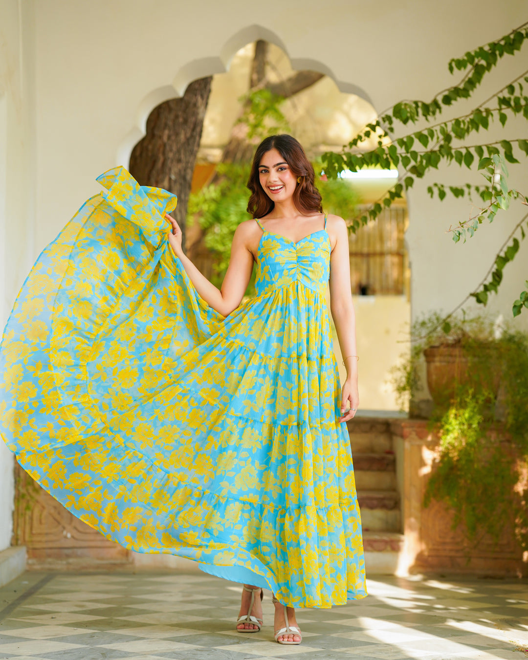 Teal Blue Foliage & Tiered Dress (Chiffon)