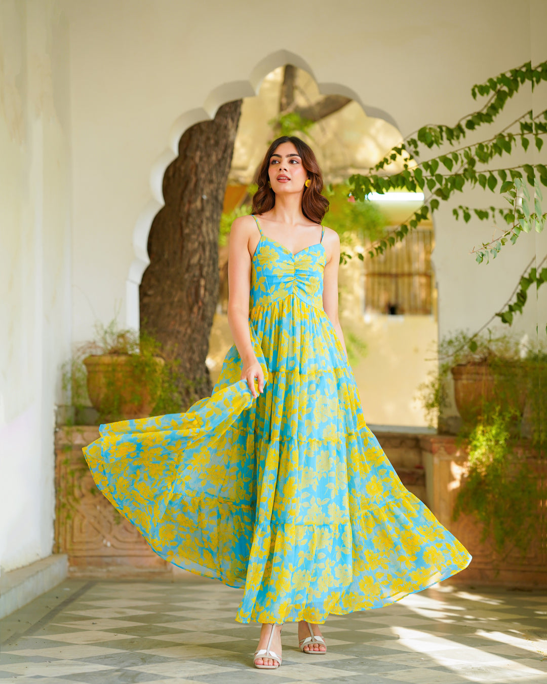 Teal Blue Foliage & Tiered Dress (Chiffon)