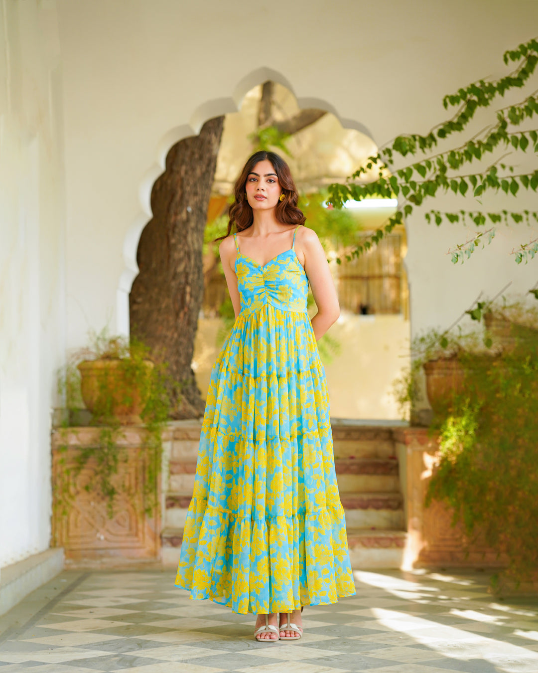 Teal Blue Foliage & Tiered Dress (Chiffon)