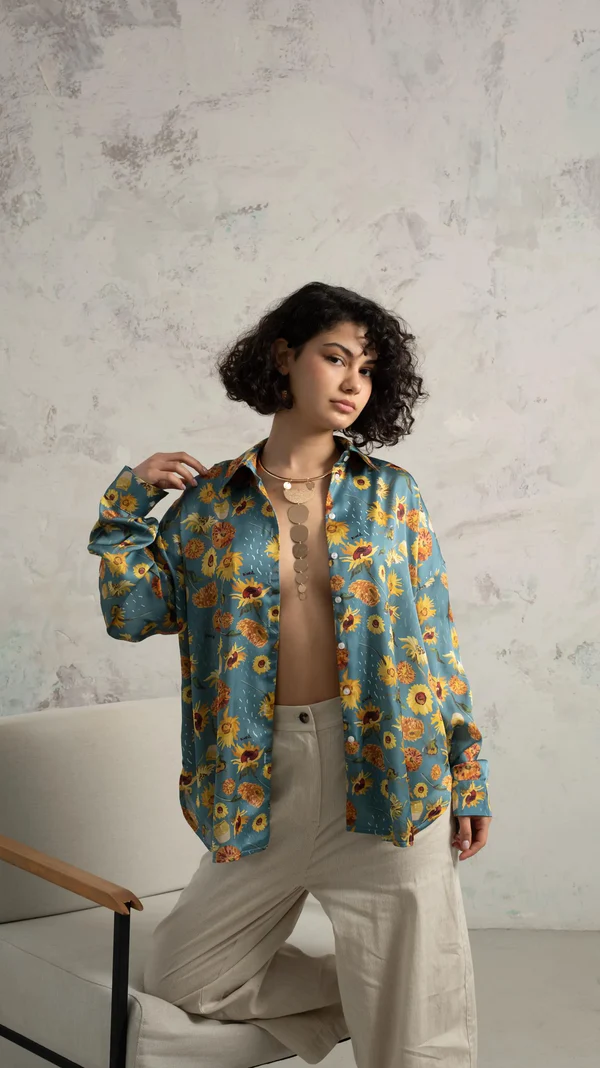 Golden Hue on Blue Sunflower Silk Touch Shirt