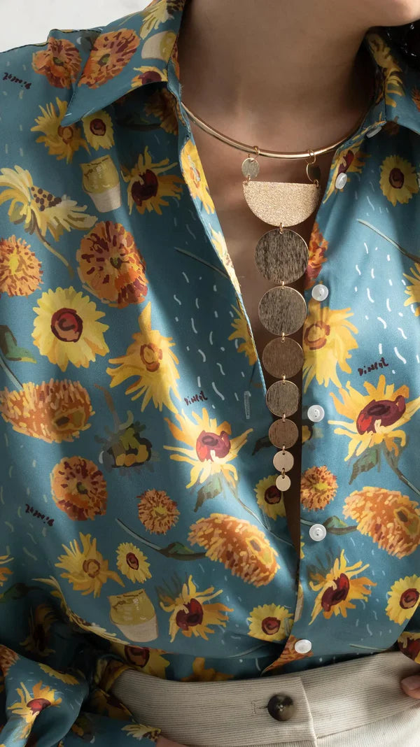 Golden Hue on Blue Sunflower Silk Touch Shirt