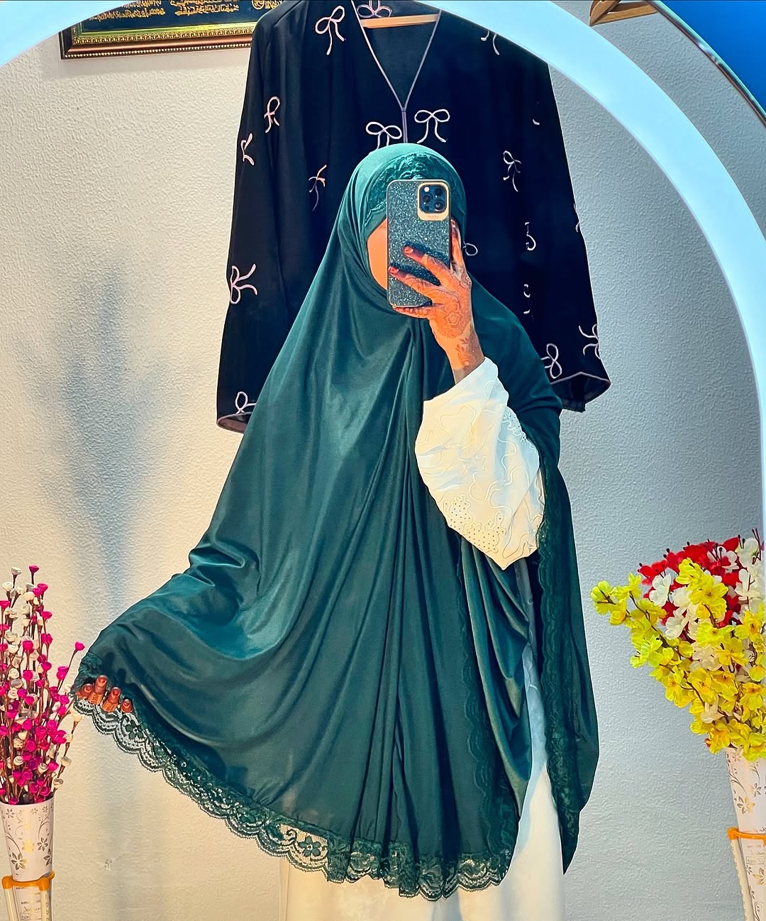 Elegant Dark Green Lace Khimar Abaya