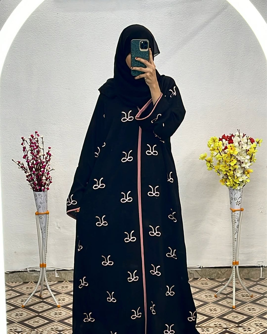 Elegant Black Embroidered Abaya with Pink Detailing Abaya