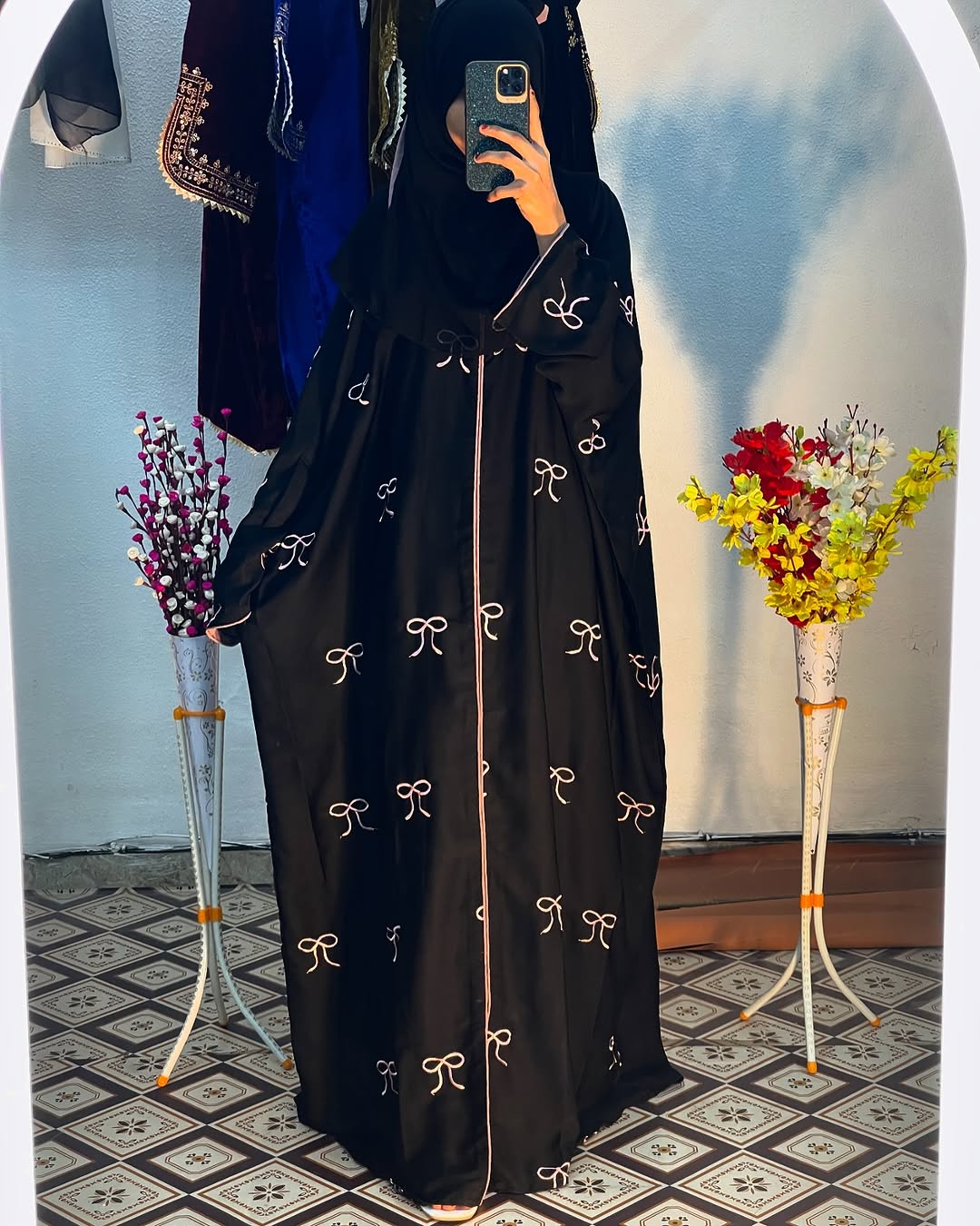 Elegant Black Embroidered Abaya with Pink Detailing Abaya