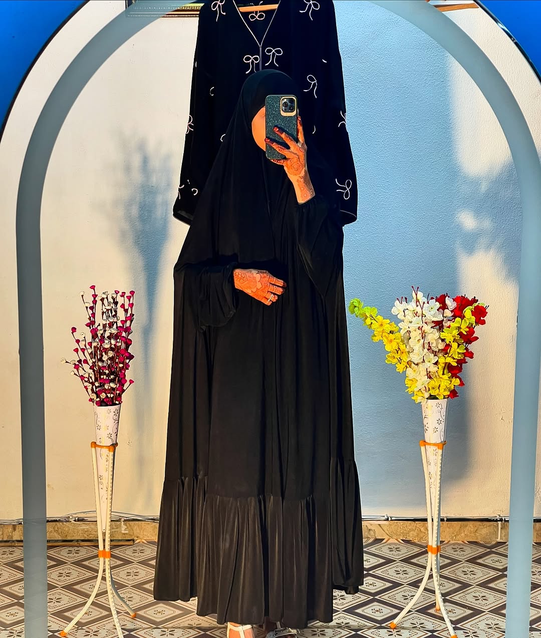 Elegant Black Ruffle Khimar Set Abaya