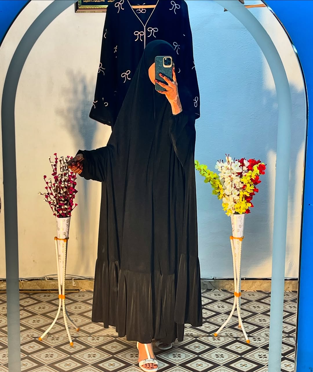 Elegant Black Ruffle Khimar Set Abaya