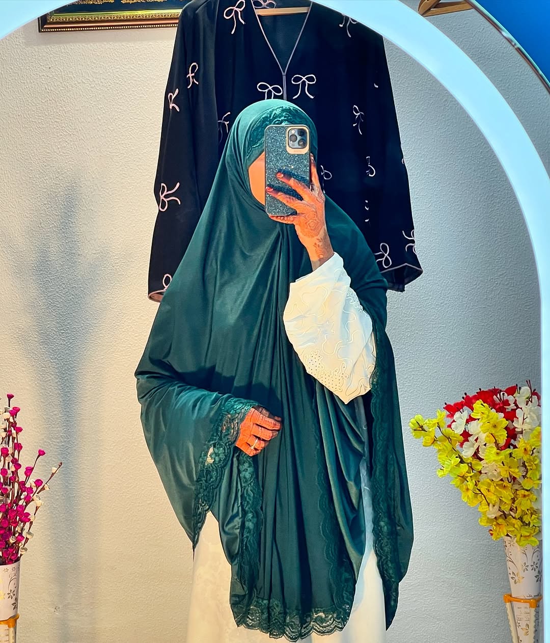 Elegant Dark Green Lace Khimar Abaya