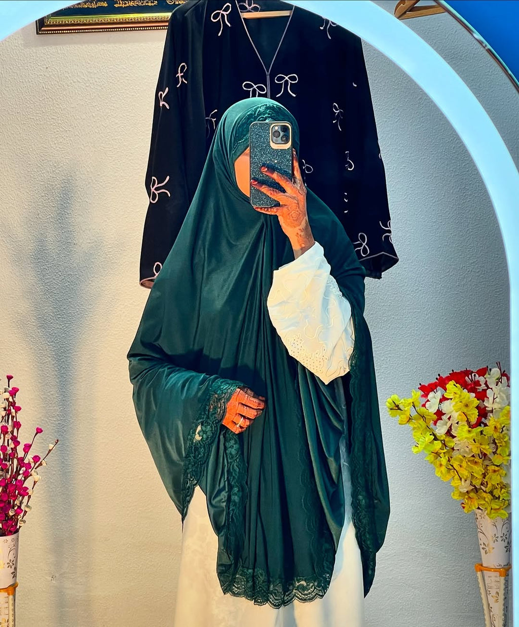 Elegant Dark Green Lace Khimar Abaya