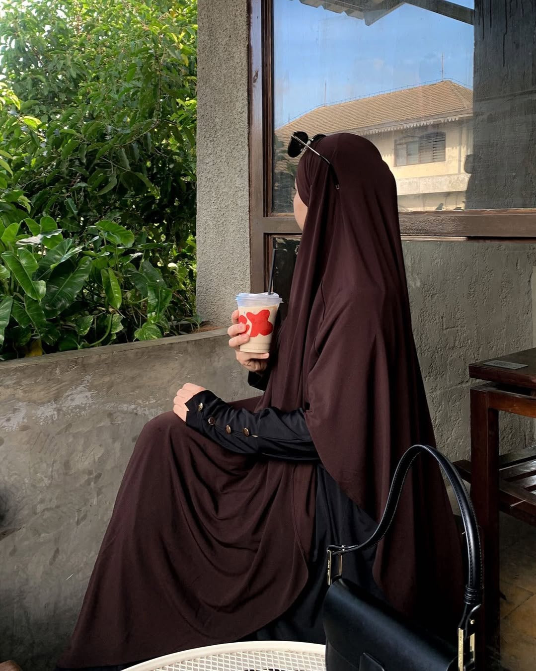 Elegant Black & Brown Two-Tone Abaya Set with Matching Khimar Abaya