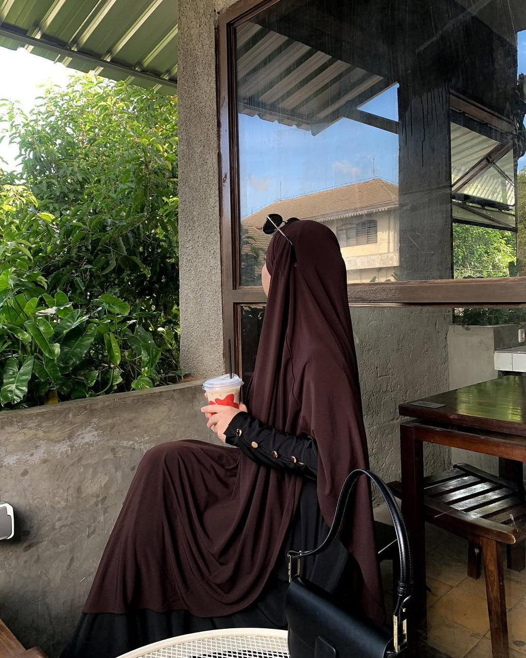 Elegant Black & Brown Two-Tone Abaya Set with Matching Khimar Abaya