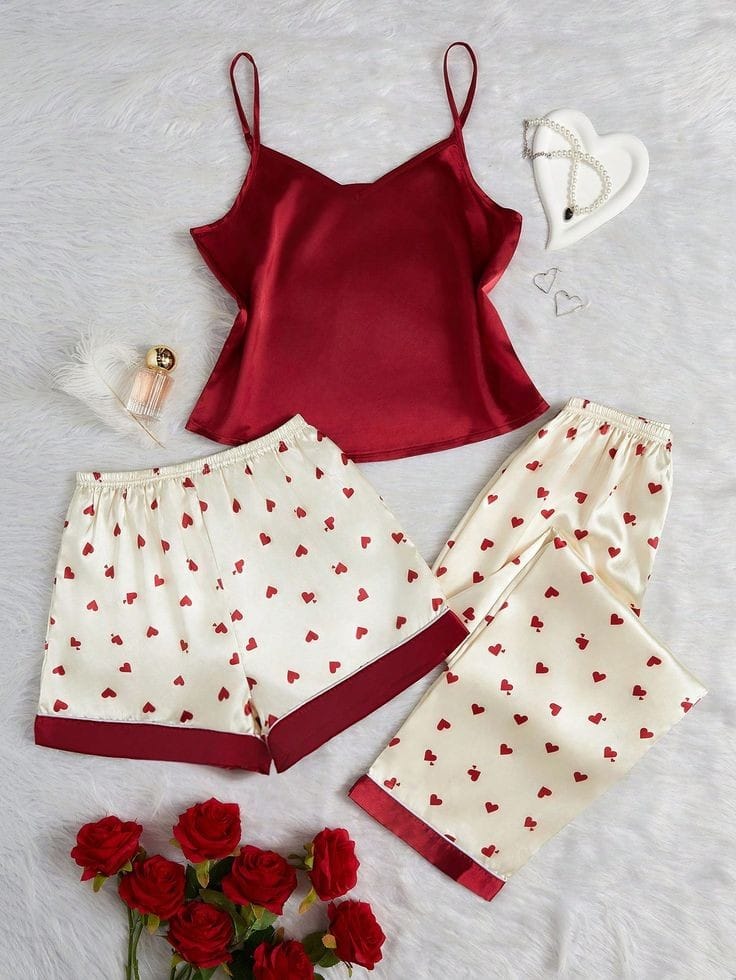 Heart Print Satin Elegant Pajama 3pcs Set sleep dress