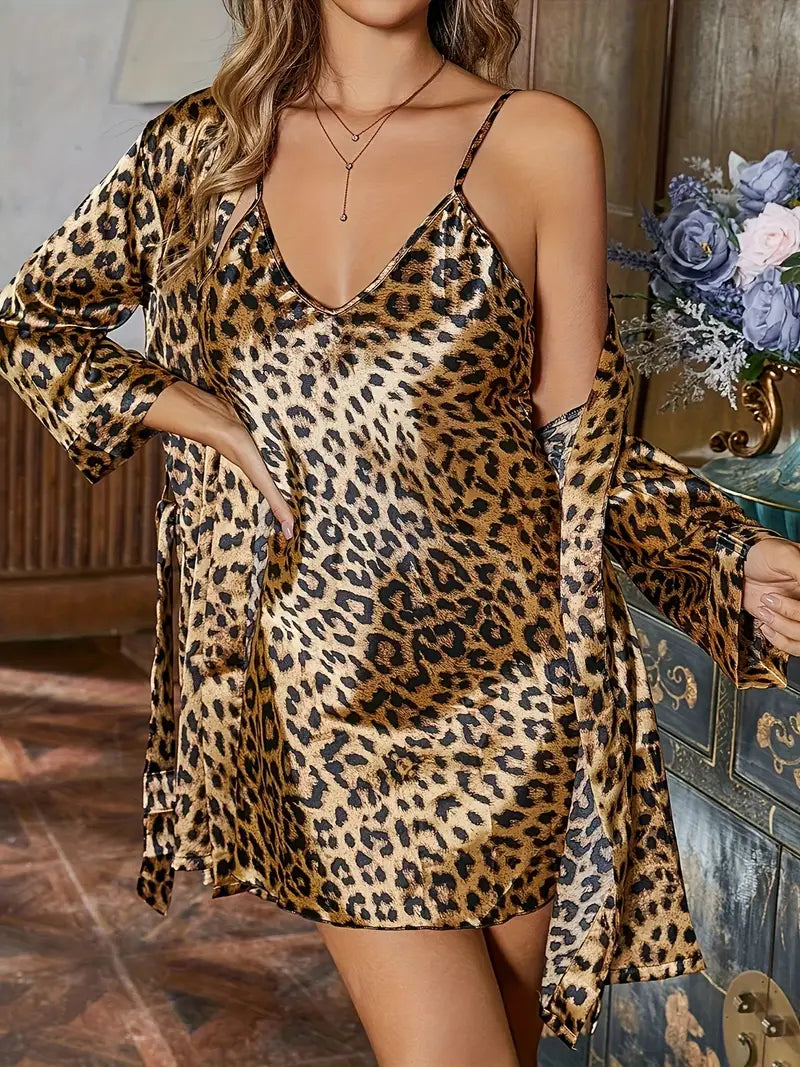 Leopard Print  Deep V Chalice Homewear Date Robe