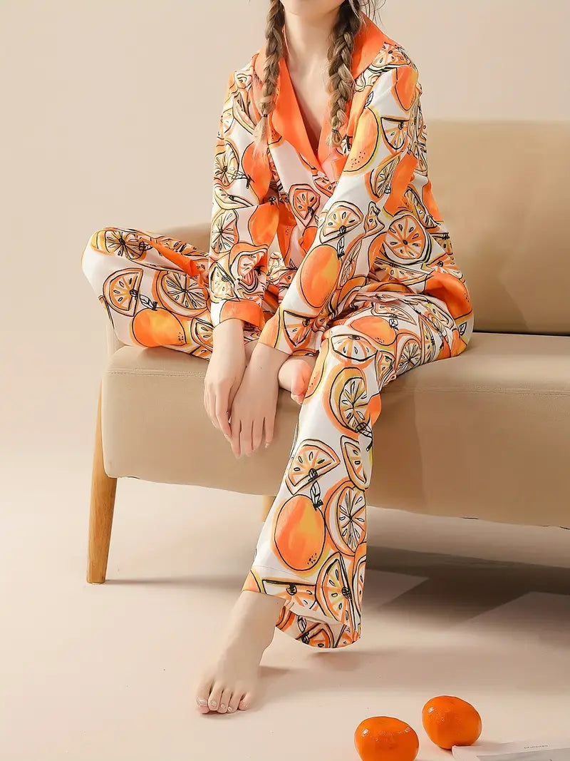 Orange Print Pajama Set, Long Sleeve Lapel Top & Pants Marquisa Store